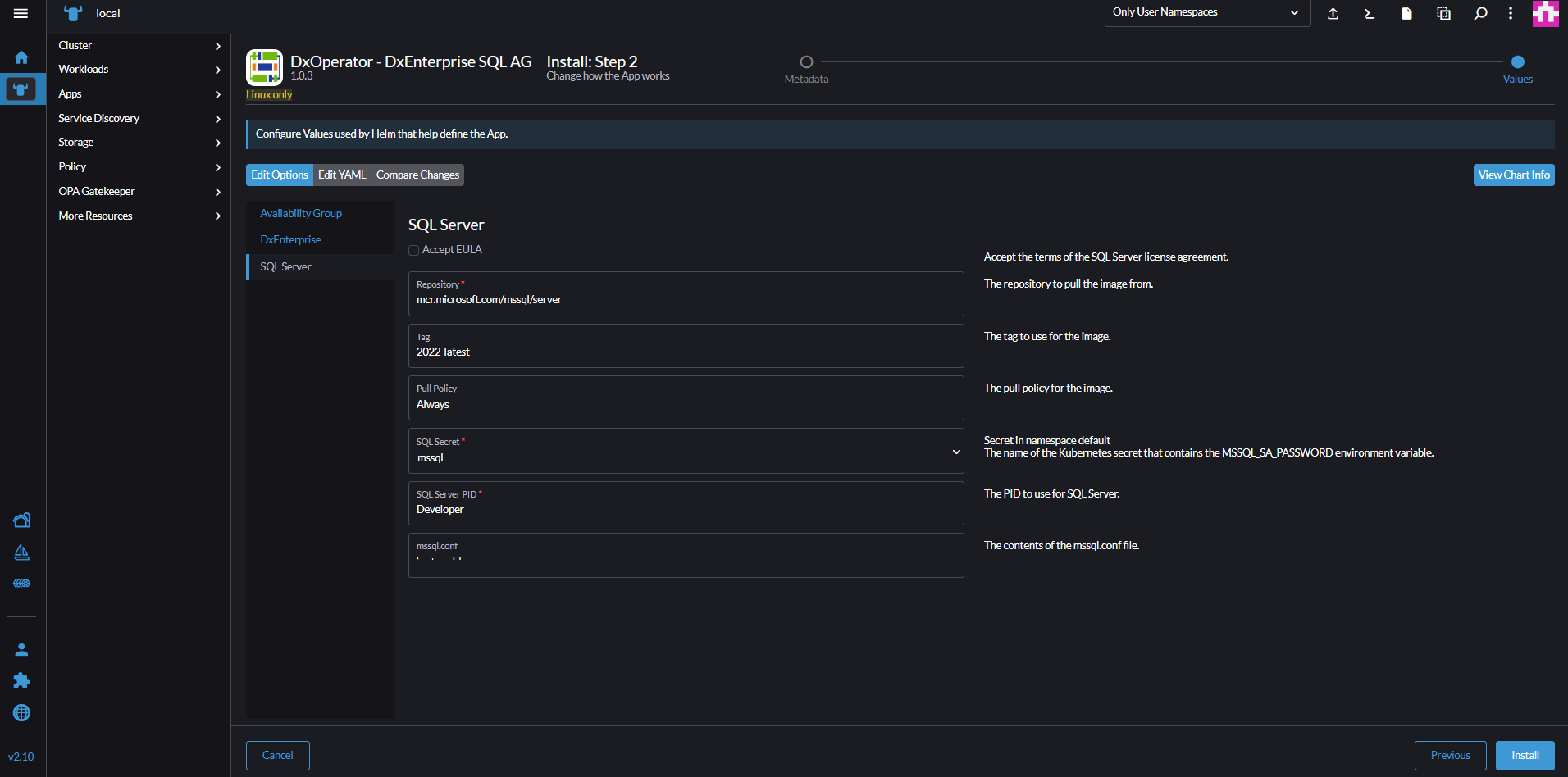 Screenshot der Clusteroptionen.