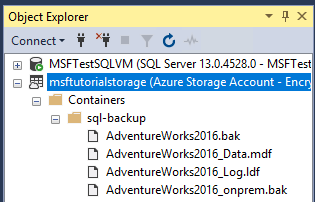 Screenshot aus dem Objekt-Explorer in SSMS mit den Datendateien im Container unter Azure unter einem SQL Server-Instanzeintrag.