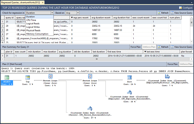 Screenshot des Berichts zu regressierten Abfragen von SQL Server im SSMS-Objekt-Explorer.