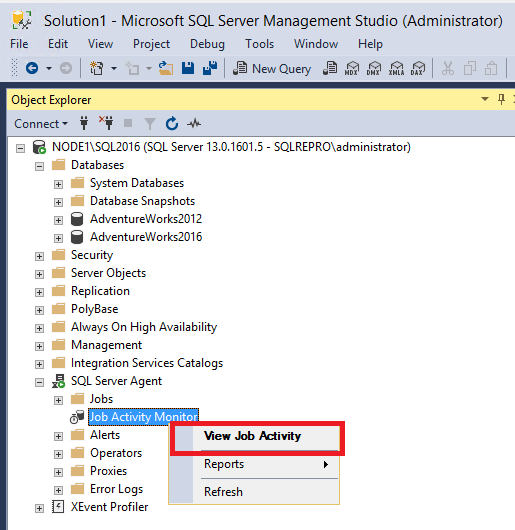Screenshot des Befehls ‚Job-Aktivität anzeigen‘ aus dem Shortcut-Menü des Job Activity Monitor.