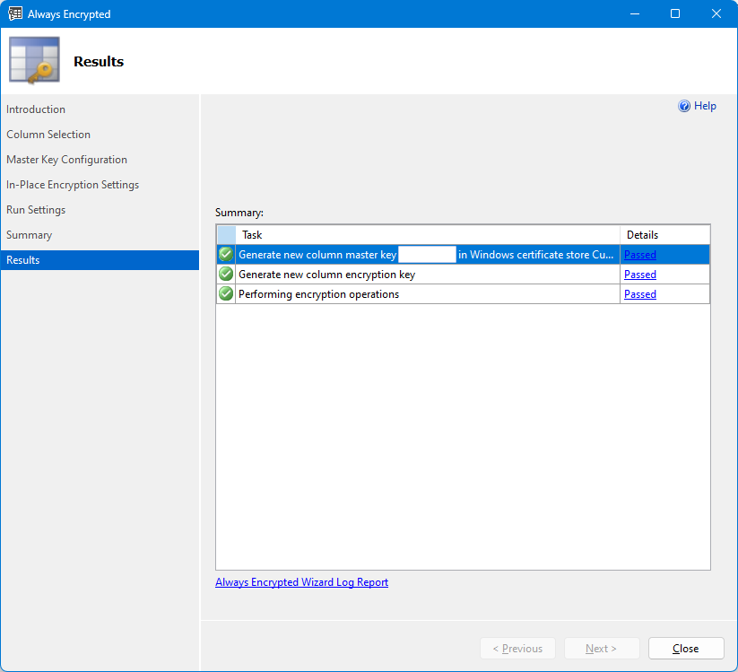 Screenshot der Zusammenfassung des „Always Encrypted“-Assistenten.