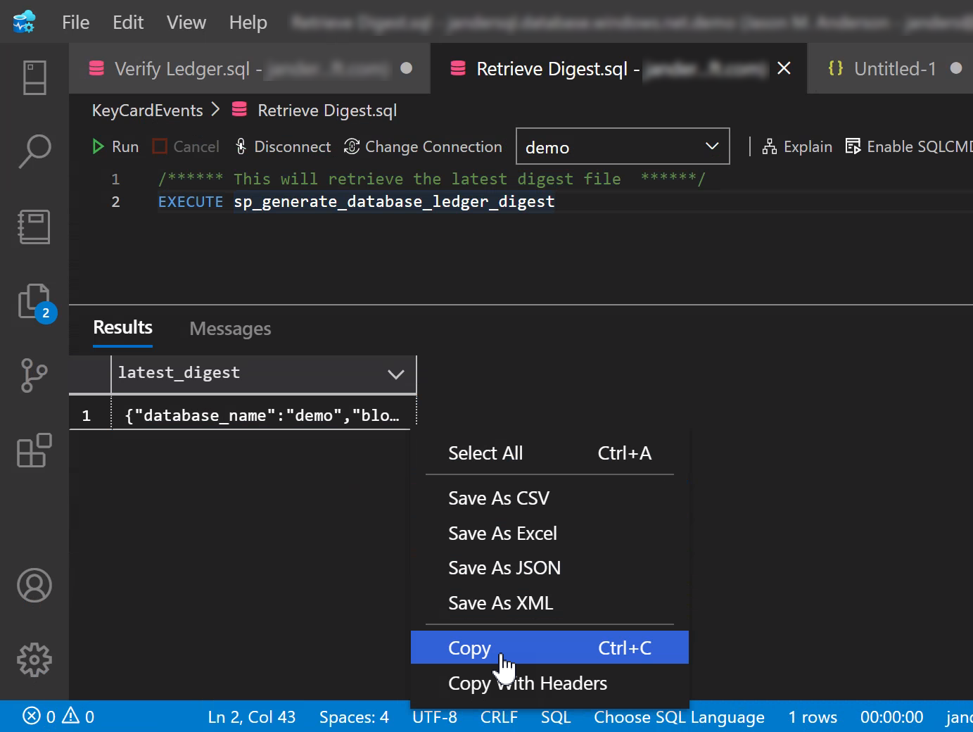 Screenshot, der das Abrufen von Digestergebnissen mithilfe von Visual Studio Code zeigt.