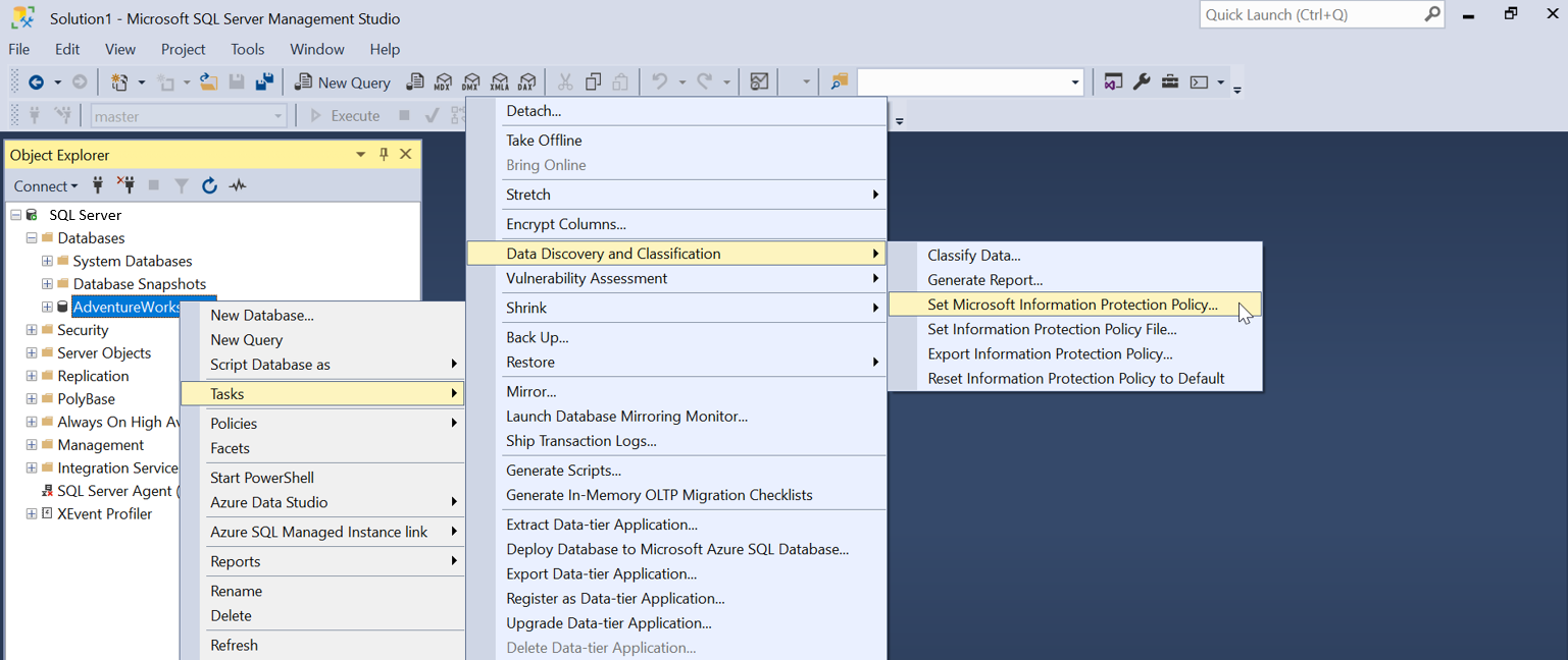 Screenshot zum Setzen der Microsoft Information Protection-Richtlinie in SSMS