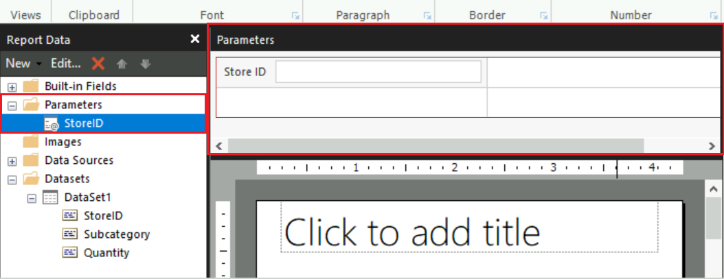 Screenshot des Parameters-Knotens im Berichtsdatenbereich und des Parameterbereichs auf der Designoberfläche.