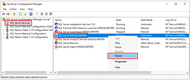 Screenshot, der den SQL Server Neustartbefehlsaufruf anzeigt.