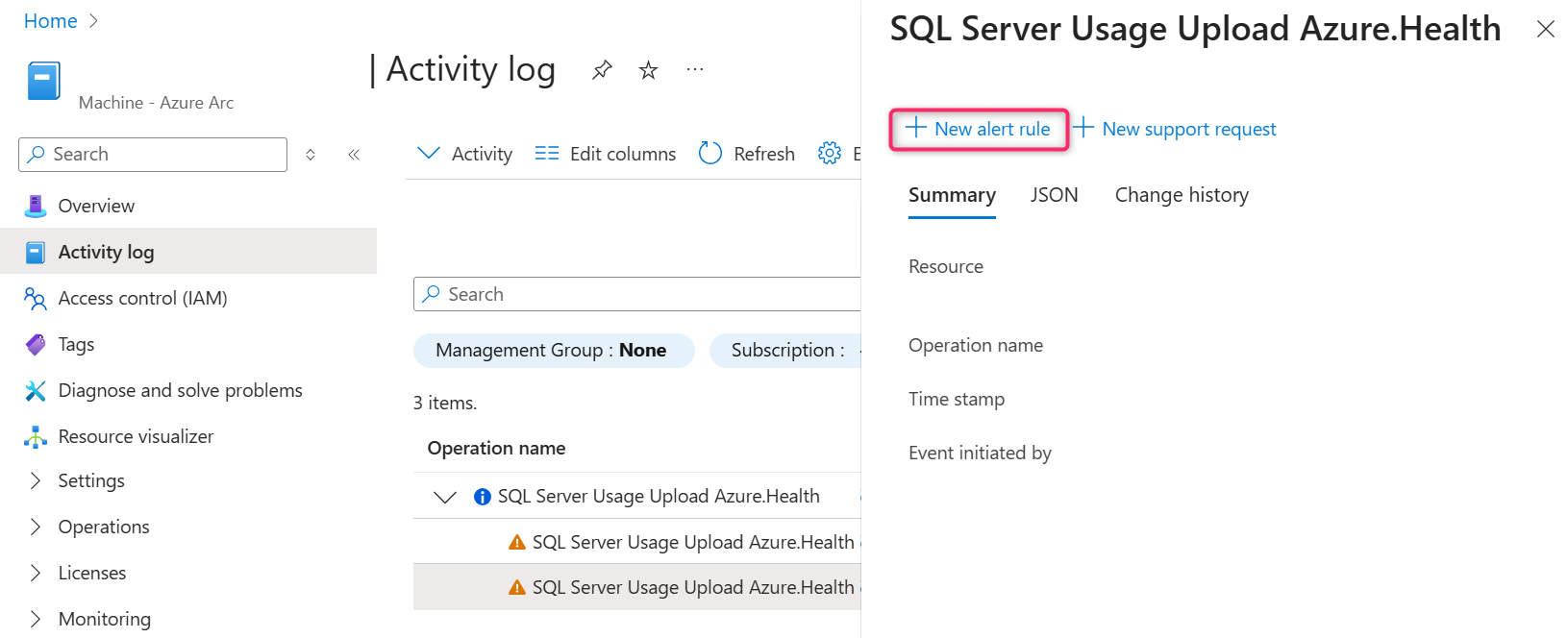Screenshot aus dem Azure-Portal. Wählen Sie den Protokolleintrag aus.