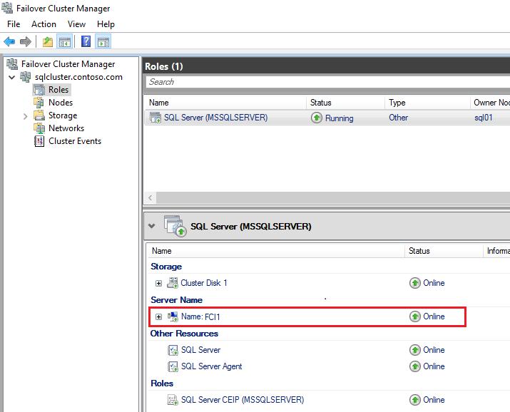Screenshot des FCI-Netzwerknamens im Failovercluster-Manager.