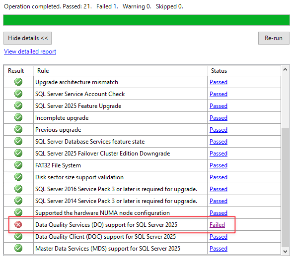 Screenshot des Bildschirms der SQL Server-Funktionsaktualisierungsregeln, wobei die Datenqualitätsdienste in Rot hervorgehoben sind.