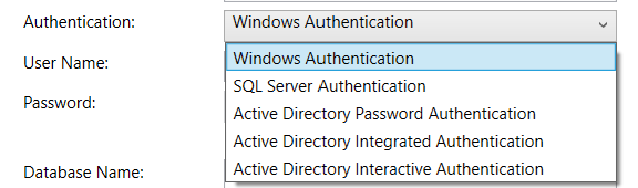 Screenshot der verschiedenen Authentifizierungstypen.