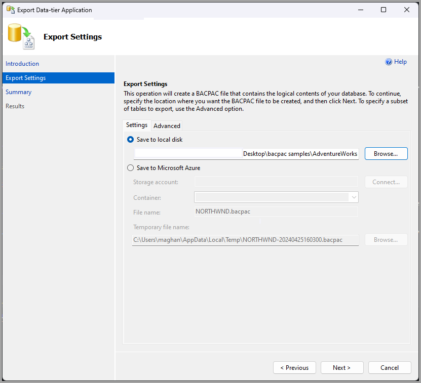 Screenshot der Seite mit den Exporteinstellungen für eine Datenebenenanwendung.
