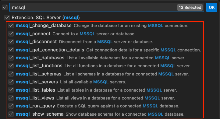 Screenshot von der Liste der SQL-spezifischen Tools, die von der MSSQL-Erweiterung im Copilot Agent Mode bereitgestellt werden.