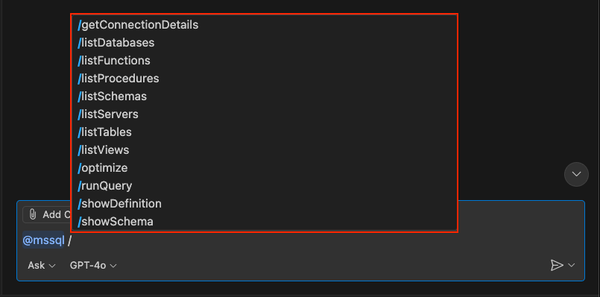 Screenshot der zweiten Gruppe von Schrägstrichbefehlsoptionen aus der MSSQL-Erweiterung in GitHub Copilot Chat.
