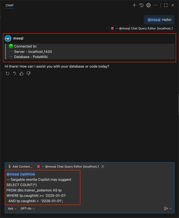 Screenshot des Schrägstrichbefehlsvorschlags „/optimize“ für eine SARG-fähige Abfrage.