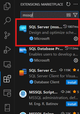 Screenshot der Installation der MSSQL-Erweiterung in Visual Studio Code.