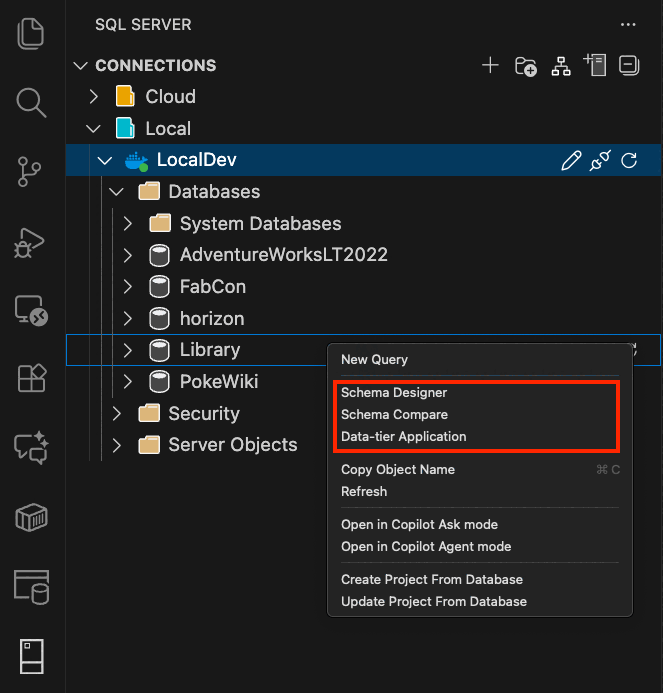 Screenshot des Startens der Datenebenenanwendung in der MSSQL-Erweiterung für Visual Studio Code.
