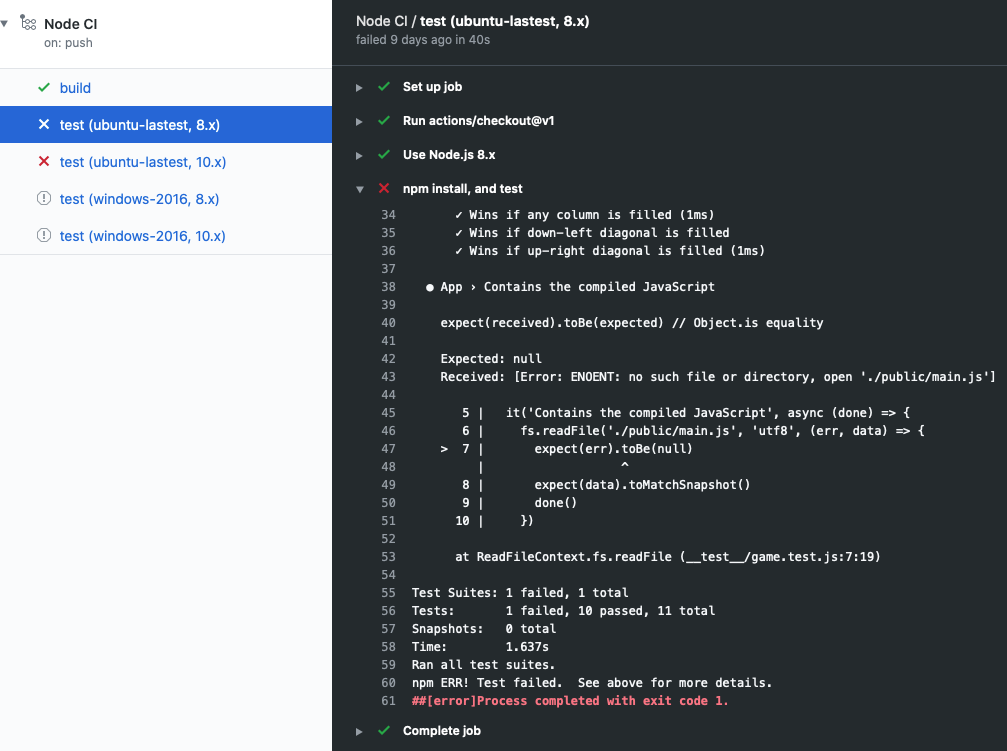 Screenshot des GitHub Actions-Protokolls mit Details zu einem fehlgeschlagenen Test.
