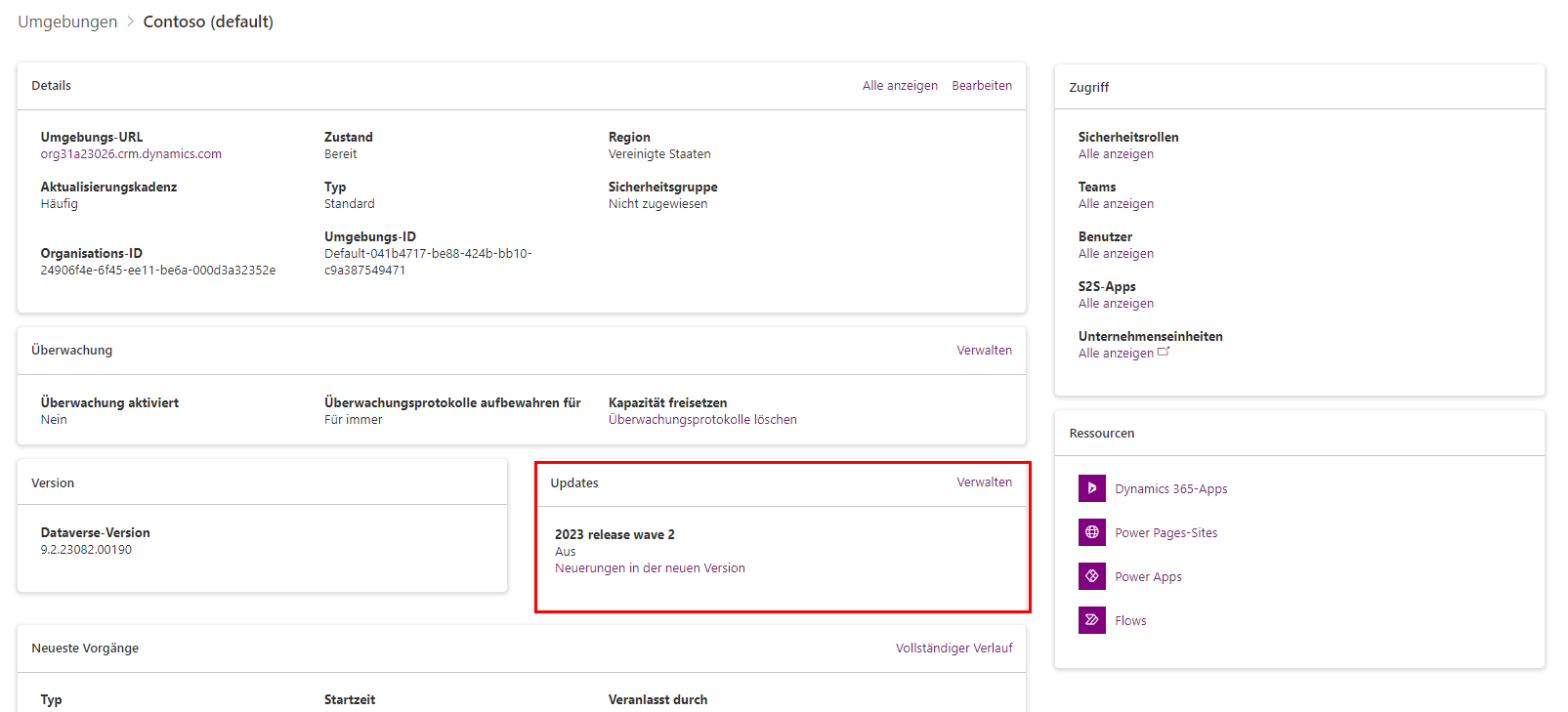 Screenshot der Seite „Umgebungen“ im Admin Center mit dem hervorgehobenen Aktualisierungsbereich