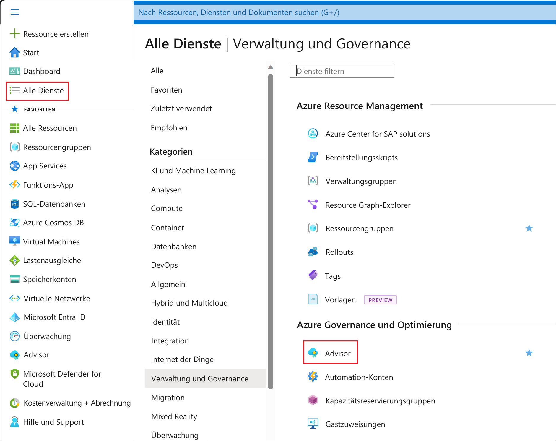 Screenshot: Wo sich der Advisor im linken Bereich unter „Alle Dienste“ befindet.