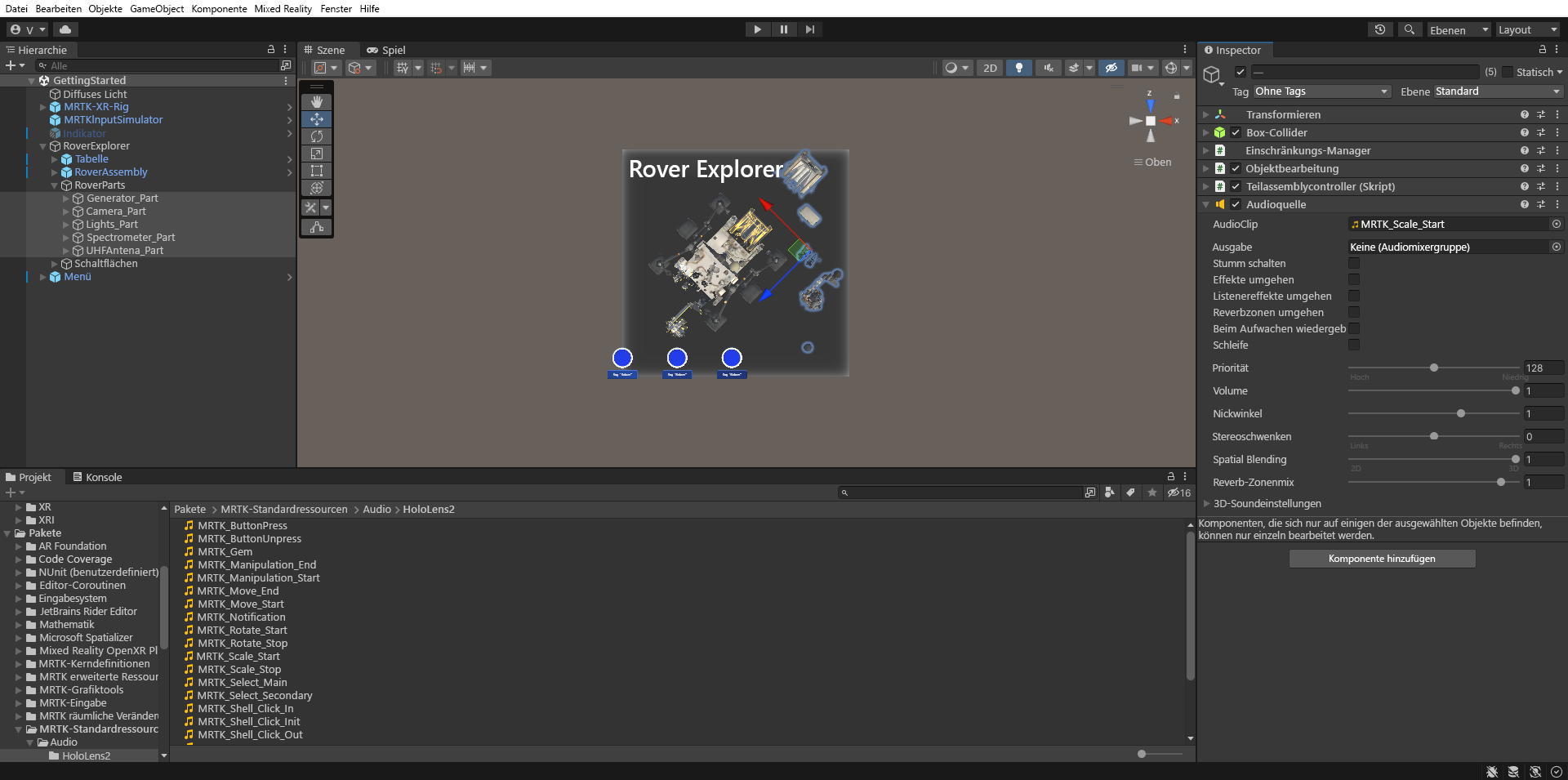 Screenshot: In Unity wurden alle Rover-Teile ausgewählt und die Komponente „Audio Source“ (Audioquelle) hinzugefügt und konfiguriert.