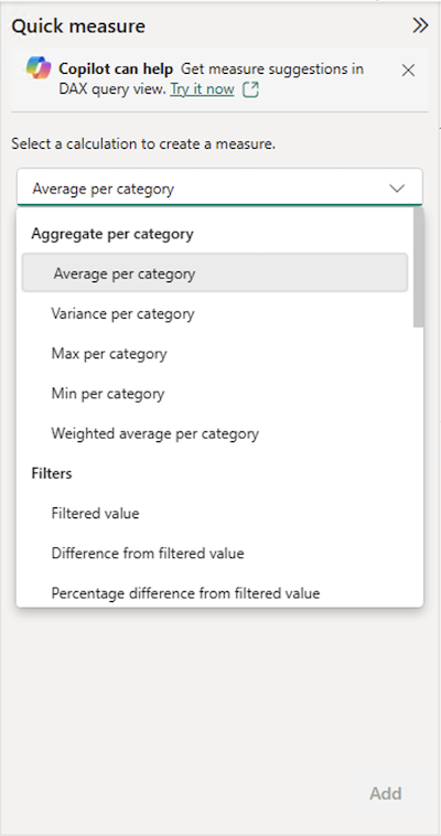 Screenshot des Bereichs „Quickmeasures“ mit einigen vorab ausgefüllten Optionen, einschließlich Durchschnittswerten und Filtern