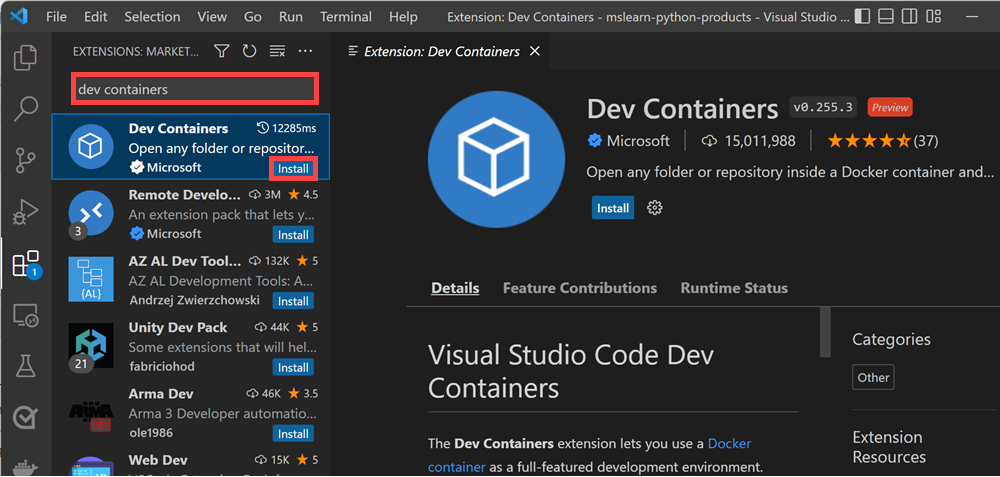 Screenshot des Visual Studio Code-Erweiterungskatalogs mit der Erweiterung „Dev Containers“