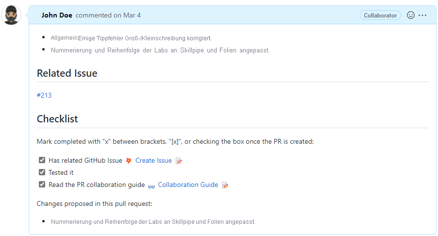 Screenshot des Öffnens einer Pullanforderungsdarstellung mit Beschreibungsfeld, verwandtem Problem und einer Checklistenvorlage.