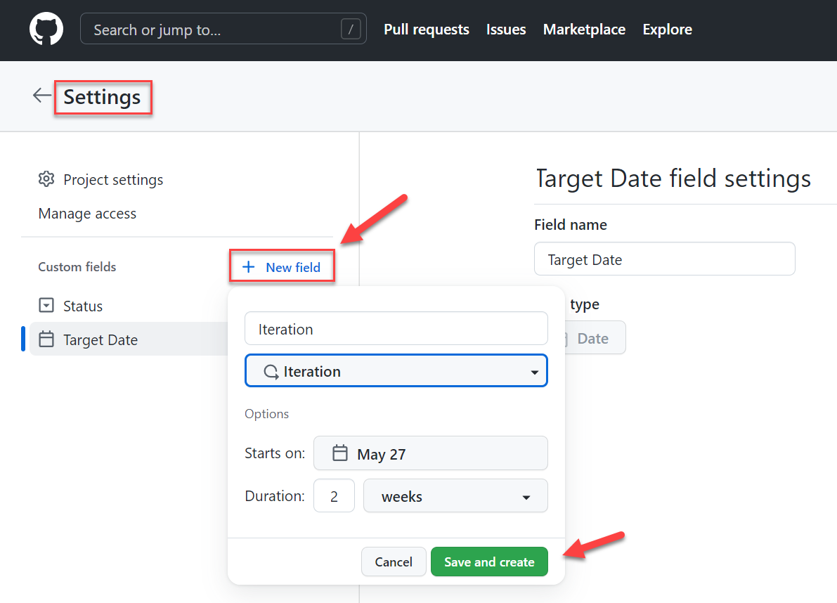 Screenshot der GitHub-Einstellungen. Neue Iterationserstellung.