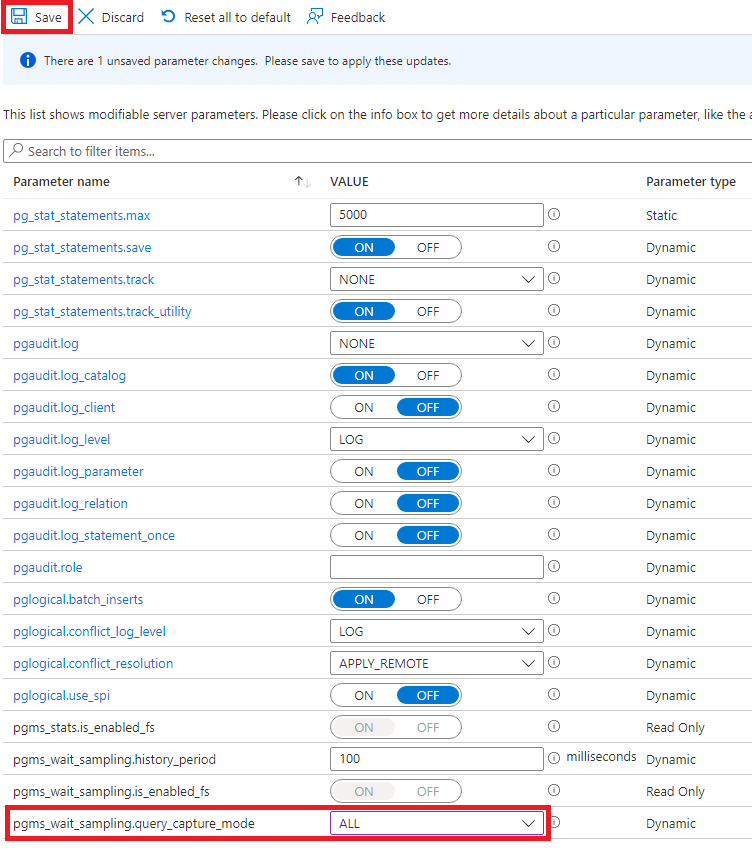 Screenshot der Einstellungen zum Aktivieren des pgms_wait_sampling.query_capture_mode.