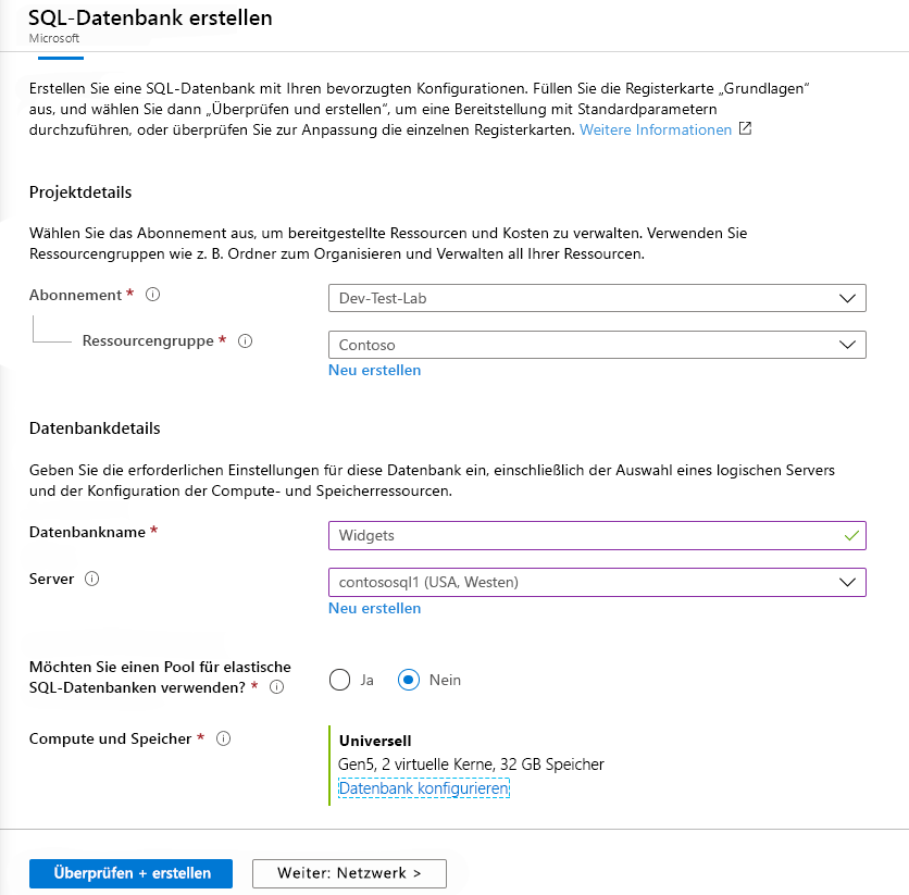 Screenshot, der zeigt, wie Sie eine Azure SQL-Datenbank mit der Hyperskalenebene konfigurieren.
