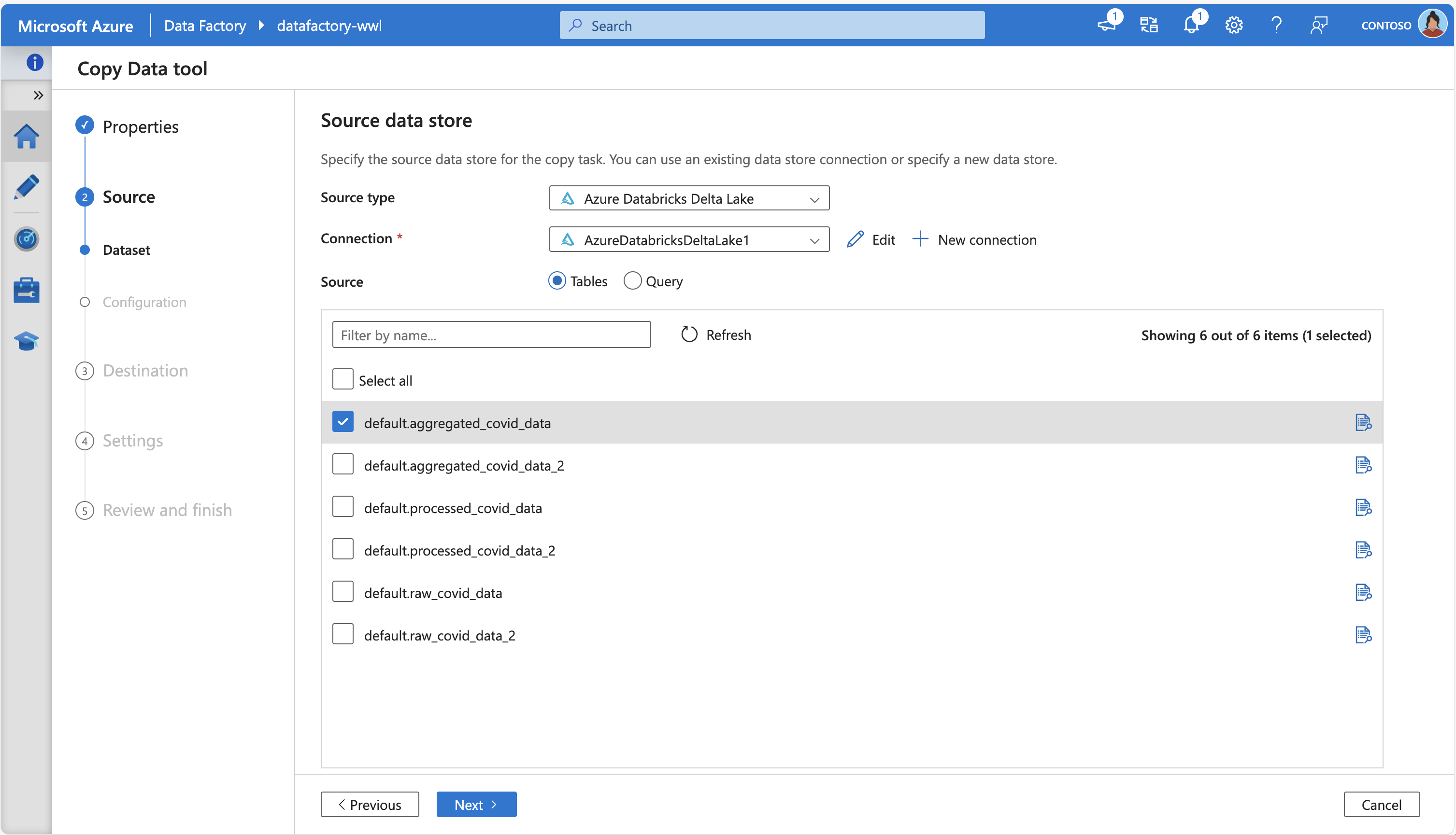 Screenshot des Azure Data Factory Copy Data Tool, das eine Verbindung mit Databricks herstellt.