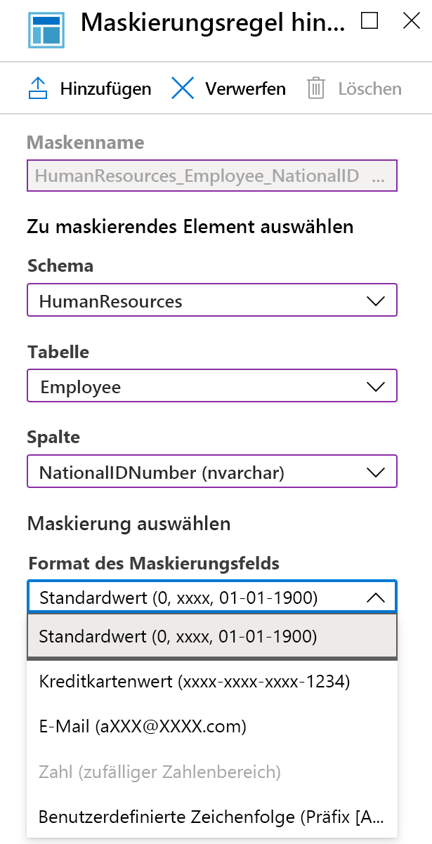 Screenshot: Hinzufügen einer Maskierungsregel im Azure-Portal.