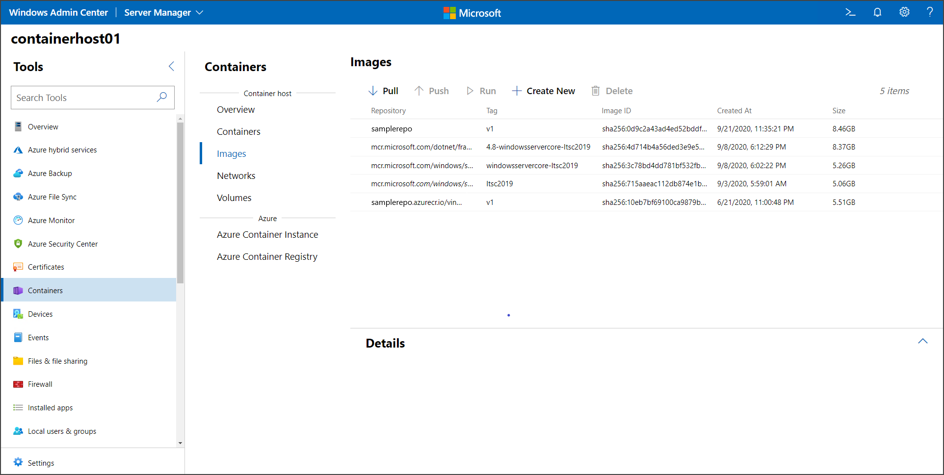 Screenshot von Windows Admin Center. In der Containererweiterung listet eine Tabelle Informationen zu Bildern auf, z. B. das Repository und die Image-ID.