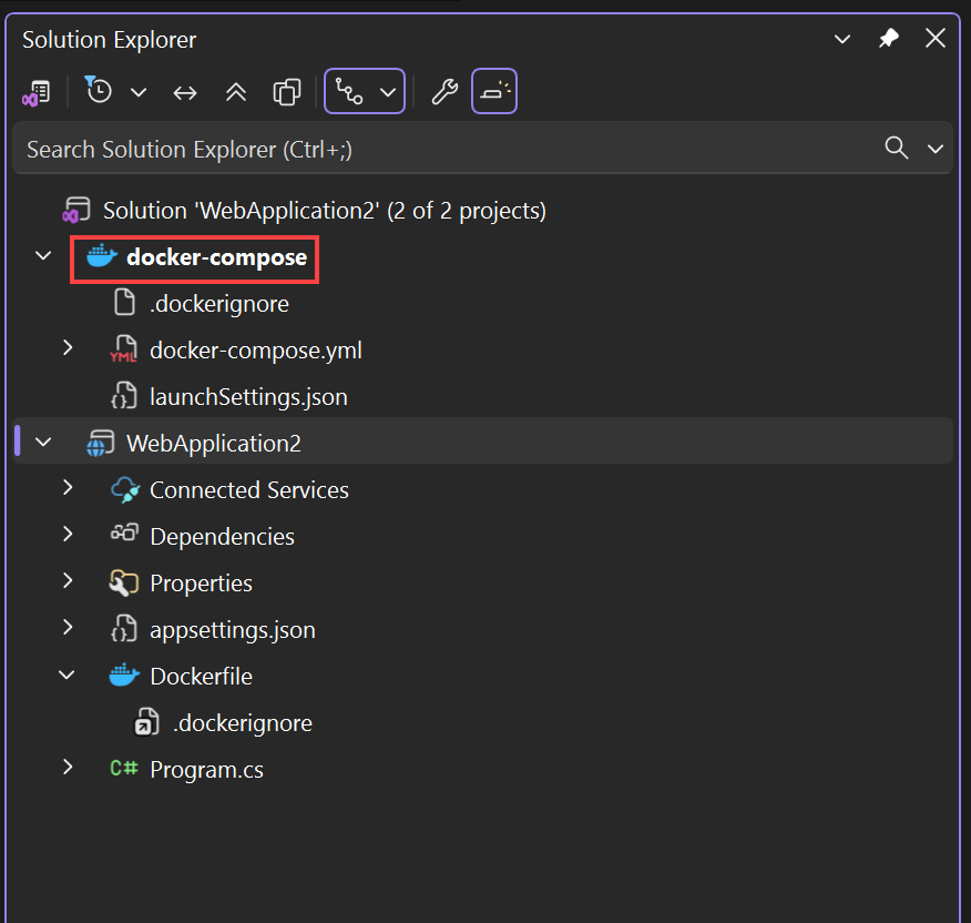 Screenshot, der die Docker-Dateien im Solution-Explorer zeigt.