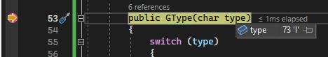 Screenshot des Visual Studio-Debuggers mit einer Codezeile in Gelb und einem Fenster mit dem Typvariablenwert 73 I.