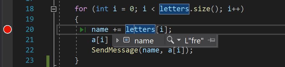 Screenshot, der zeigt, wie sie den Wert einer Variablen mithilfe des Daraufzeigens überprüfen, um den Datentipp im Debugger anzuzeigen.