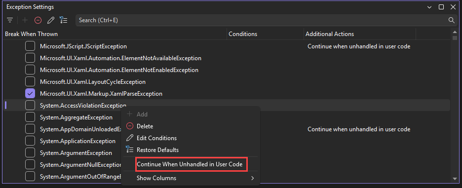 Screenshot der Einstellung „Fortfahren, wenn in Benutzercode nicht behandelt”