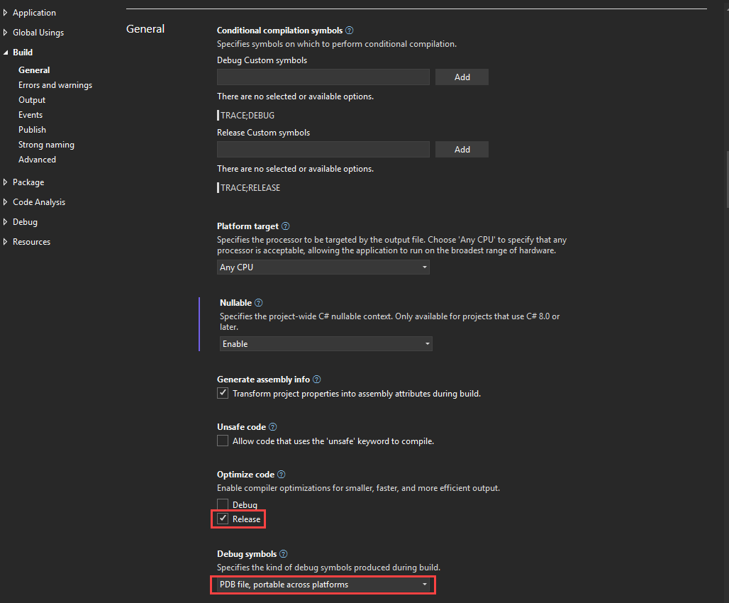 Screenshot, das die Eigenschaften-Seite von Build anzeigt.