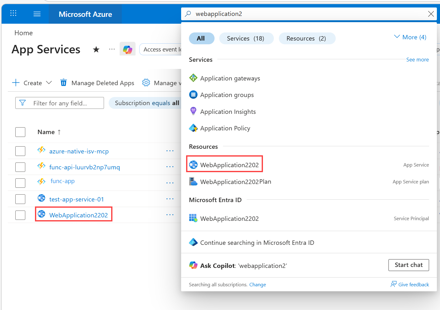 Screenshot der Azure-Suche.