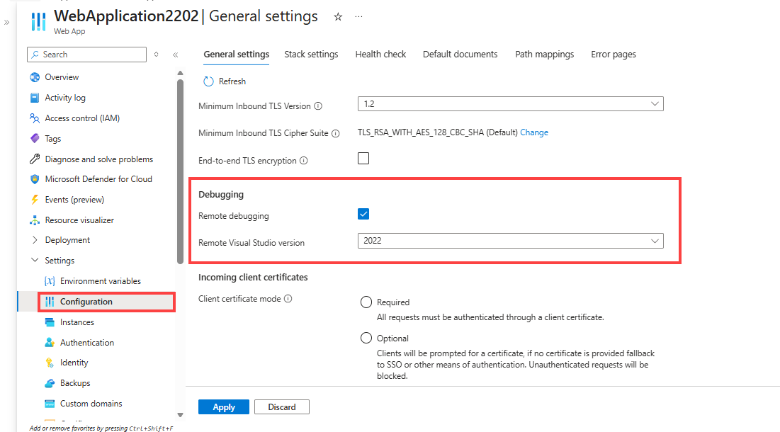 Screenshot der Azure-Remotedebuggingeinstellungen.