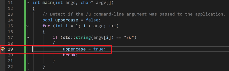 Screenshot des Debuggers, der in Zeile 18 beendet wurde, Großbuchstaben = true.