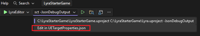 Screenshot der Dropdownliste für Befehlszeilenargumente für Unreal Engine-Projekte. Sie zeigt 