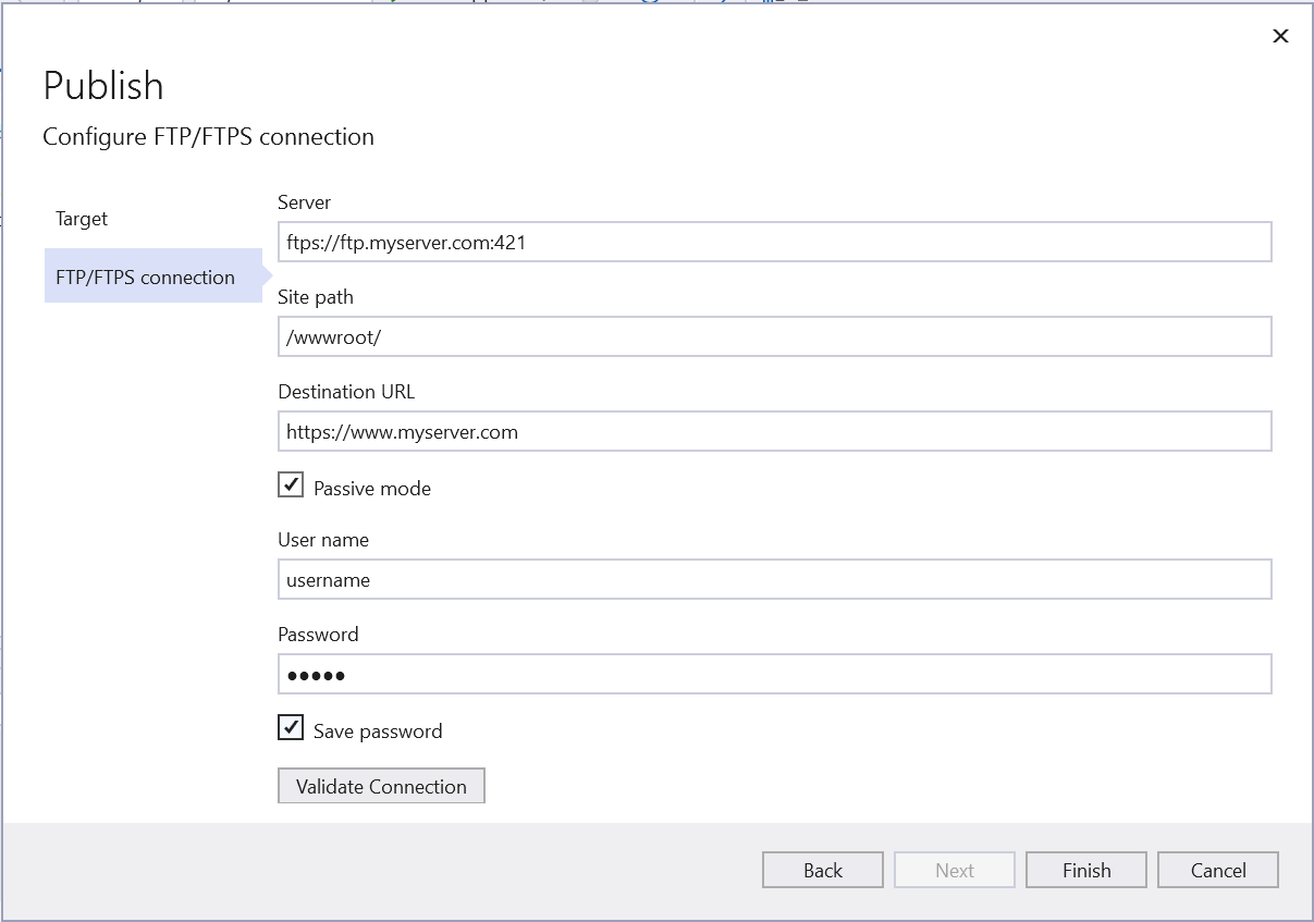 Screenshot: Bildschirm des Veröffentlichungs-Assistenten zum Veröffentlichen auf einem FTP- oder FTPS-Server.