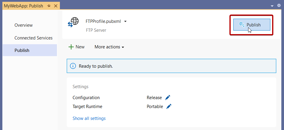 Screenshot: Abschluss des Prozesses zum Veröffentlichen auf einem FTP- oder FTPS-Server, Zusammenfassungsseite.