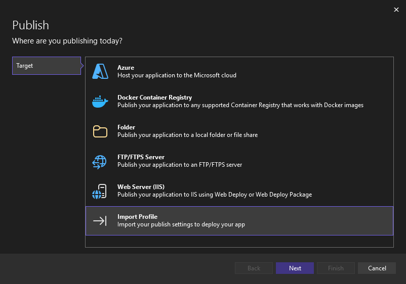 Screenshot der Option zum Importieren von Veröffentlichungseinstellungen in Visual Studio.
