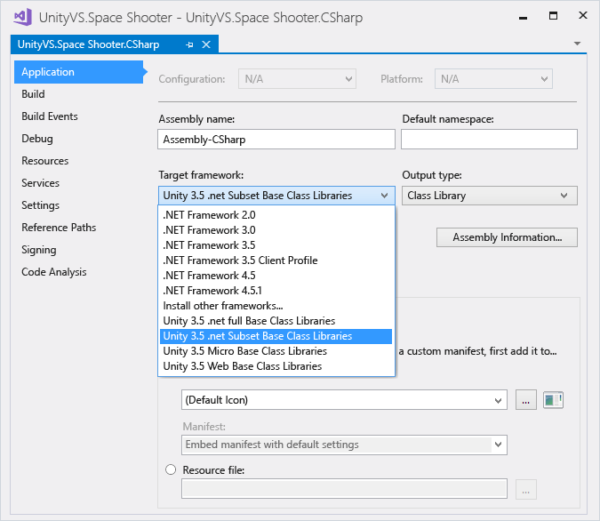 vstu_debugging_dll_target_framework Screenshot of the selecting target framework for a project in Visual Studio.