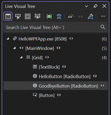 Screenshot: Fenster „Visuelle Livestruktur“ mit der Struktur visueller Elemente in „HelloWPFApp.exe“ während der Ausführung