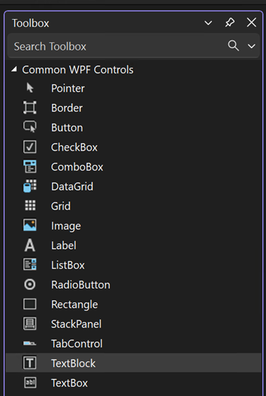 Screenshot des Toolboxfensters mit dem TextBlock-Steuerelement, das in der Liste der allgemeinen WPF-Steuerelemente ausgewählt ist.