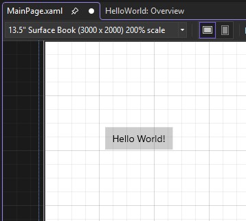Screenshot der Schaltflächensteuerung auf der Leinwand des XAML-Designers, wobei die Bezeichnung der Schaltfläche in Hello World geändert wurde!