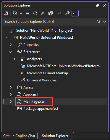 Screenshot des Projektmappen-Explorer-Fensters mit den Eigenschaften, Verweisen, Ressourcen und Dateien im HelloWorld-Projekt. Die Datei 