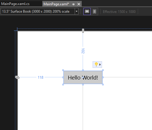 Screenshot der Schaltflächensteuerung auf der Leinwand des XAML-Designers, wobei die Bezeichnung der Schaltfläche in Hello World geändert wurde!